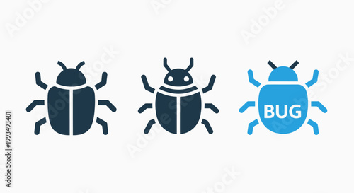 Bug icons with one labeled 'bug' for software development or insect representation software development computer programming debugging technology collection creature entomology illustration