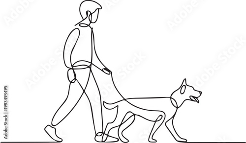 Silhouette Continuous line art of person walking with dog. one line drawing. Vector illustration on Without Background