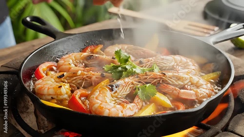 Delicious Shrimp and Vegetables Sizzling in a Cast Iron Skillet Outdoors.