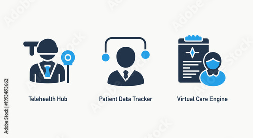 Icons representing telehealth hub patient data tracker virtual care engine telehealth technology computer clipboard document illustration communication medicine healthcare information