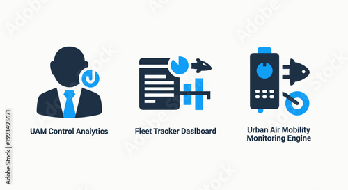 Icons for user data analysis fleet tracker dashboard urban air mobility monitoring smart city analysis tools user profile performance metrics analysis dashboard mobility monitoring