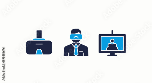 Virtual reality and technology icons: vr headset person in vr monitor display with technology computer futuristic entertainment simulation immersive minimalist innovation connectivity