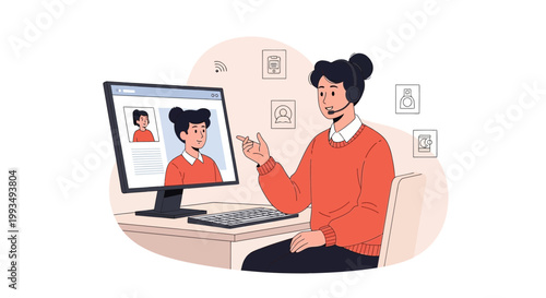 Customer service agent with headset on video call, online support, remote work concept