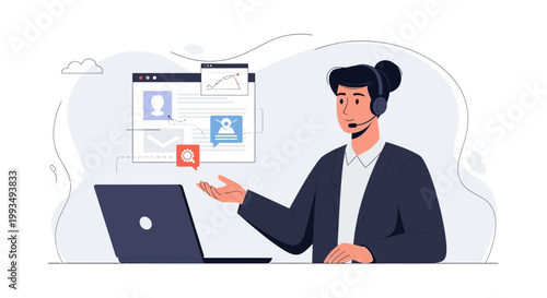 Customer service operator with headset and laptop, online support, communication, business concept