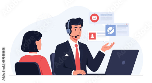 Customer service representative with headset assisting client, laptop and communication icons