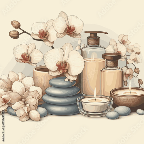 Spa arrangement with candles and orchids on a light background