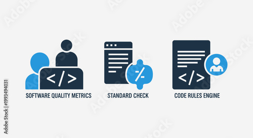 Set of software development and quality assurance icons including quality metrics standard checks and code rules engine with software development standard programming developer assurance