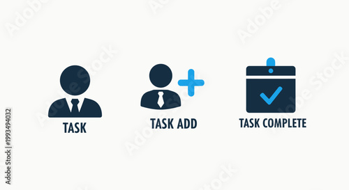 Project task management icons representing employee assignment adding new tasks and successful task completion with management business employee complete workflow productivity assignment