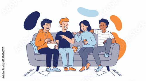 Diverse Friends Laughing and Enjoying Snacks Together on a Couch in a Cozy Living Room