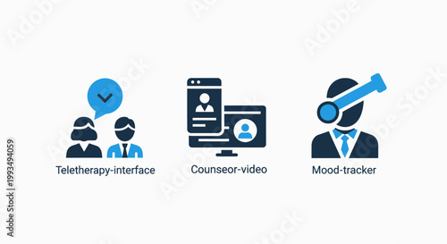 Telehealth and mental health platform icons including teletherapy interface counselor view and mood tracker technology with telehealth counselor interface teletherapy psychology consultation