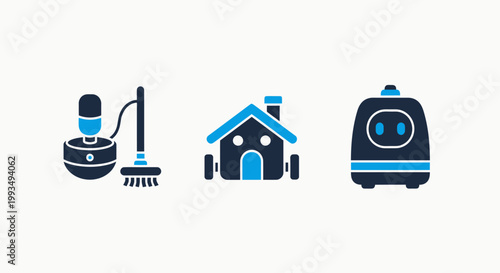 Smart home automation icons representing robotic vacuum cleaner floor maintenance and autonomous domestic service robots for modern household management with automation domestic appliance household