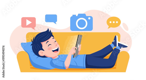 Happy boy relaxing on sofa with tablet, social media icons above
