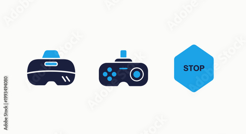 Gaming and virtual reality icons featuring a vr headset wireless game controller and stop safety warning signal for immersive entertainment experiences controller technology entertainment hardware