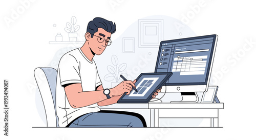 Graphic Designer Working on Digital Tablet and Computer at Desk