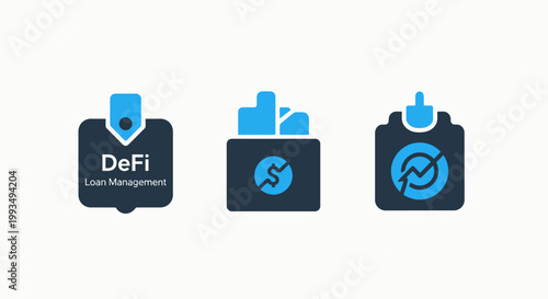 Decentralized finance (de fi) concept with data analytics and investment asset icons financial technology digital assets smart contract cryptocurrency blockchain investment analytics innovation