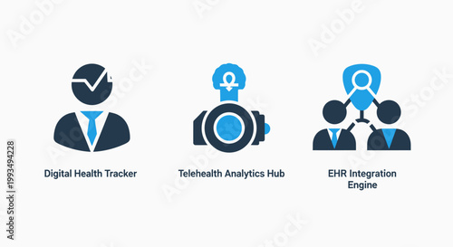 Global health tracker telehealth analytics phr integration engine icons with digital health healthcare integration medical technology e health patient care data analysis remote health e-health