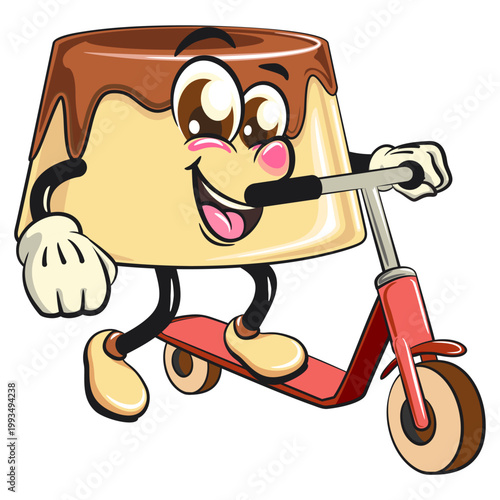 cute caramel pudding mascot character riding a scooter, dessert cartoon vector illustration isolated, work of hand drawn