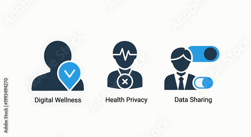 Digital wellness health privacy data sharing concepts illustrated with modern icons for personal information security information protection digital identity data control security technology