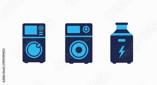 Smart home appliances and energy storage battery technology icons for modern living with washing machine electric car internet of things white background appliance technology electricity