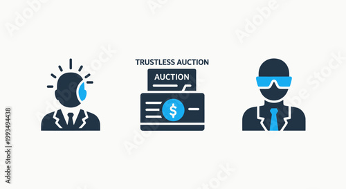 Trustless auction and bidder icons with smart contract concept for decentralized finance e commerce trustless anonymous blockchain decentralized transaction financial exchange agreement