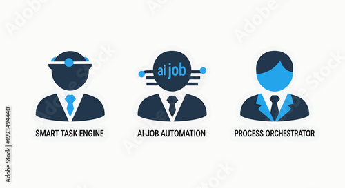 Ai job automation and smart task engine with process orchestrator icons for workflow management artificial intelligence machine learning deep learning automation orchestration management