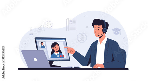 Man in headset video conferencing with colleague, online meeting, remote work concept