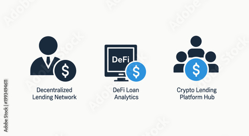 Decentralized finance crypto lending network and de fi loan analytics icons with peer to peer smart contract blockchain analytics platform investment financial technology currency cryptocurren