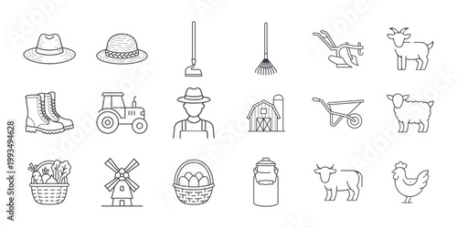 Farming and Agriculture Line Icon Set – Organic Food, Farm Equipment, Livestock, and Rural Life Symbols