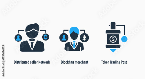 Distributed seller network blockchain merchant and token trading post icons with e commerce smart contract peer to peer supply chain blockchain merchant currency cryptocurrency transaction