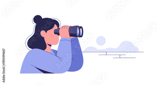Young Woman Looking Through Binoculars, Exploring Nature