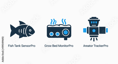 Set of digital icons for smart aquaponics monitoring including fish tank sensors grow bed monitors tracker devices for modern automated farming technology aquaponics monitoring agriculture