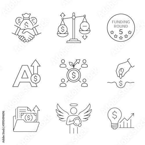 Funding and Investment Line Icon Set – Venture Capital, Startup Fundraising, Angel Investor, and Financial Growth Symbols