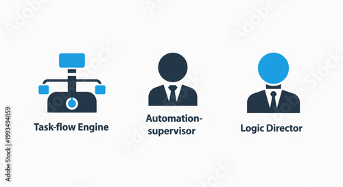 Corporate technology icons representing task flow engine architecture automation supervisor roles and logic director management personnel with business automation supervisor workflow director