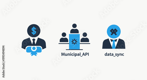 Professional business icon set featuring financial certification municipal api integration and automated data synchronization concepts business professional synchronization certificate government