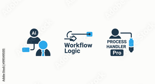Professional workflow logic and automated process management icons featuring AI human integration digital logic mapping specialized process handler tools for business efficiency workflow