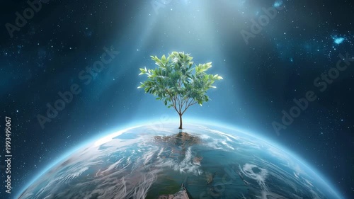 Earth with a tree standing alone in space under light during a cosmic scene at dusk