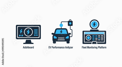 Electric vehicle fleet management and performance monitoring platform icons for digital dashboard interface with electric management monitoring performance charging dashboard interface tracking