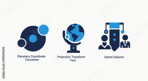 Mapping and geographic data icons featuring secondary coordinate converter projected transverse tie globe and direct selector elements for navigation and cartography software coordinate converter
