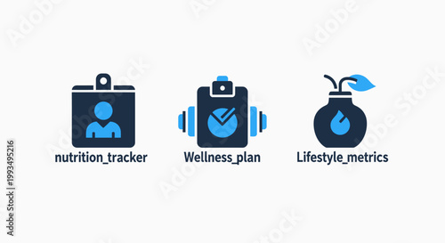 Health and wellness icon set including nutrition tracker id badge personalized wellness plan clipboard and lifestyle metrics growth symbols for fitness and healthcare applications with nutrition