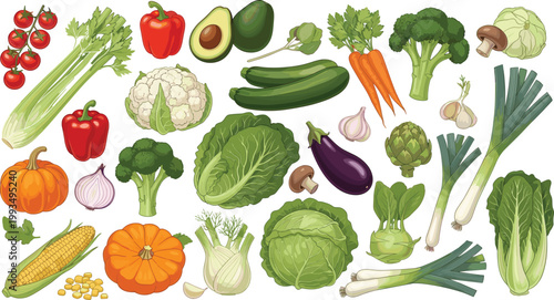 Realistic vegetables collection including tomato, broccoli, carrot, cabbage, eggplant, corn and greens, fresh healthy food vector set isolated on light background