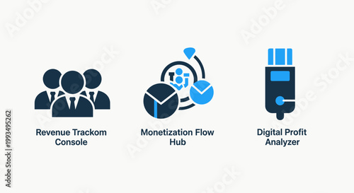 Financial technology icons showing a revenue tracking console monetization flow hub dashboard and a digital profit analyzer for business growth with business tracking monetization analyzer