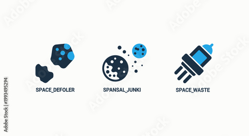 Space environment awareness icons depicting space debris spatial junk and space waste orbital pollution concepts with pollution environment astronomy asteroid fragment collision technology