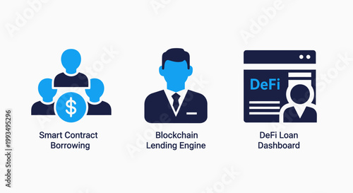 Fintech and decentralized finance icons for smart contract borrowing blockchain lending engine and de fi login dashboard with decentralized blockchain contract borrowing dashboard cryptocurrency