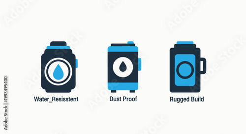 Rugged and durable device protection icons showing water and dust resistance with protection waterproof dustproof resistance hardened electronics equipment industrial construction reliability