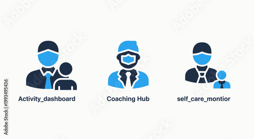 Corporate employee wellness and coaching services icons with wellness coaching dashboard healthcare monitoring employee business activity management resource personal development training