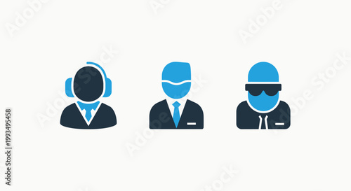 Set of professional customer support representative icons representing technical assistance and security with customer operator helpdesk security protection consultant representative business