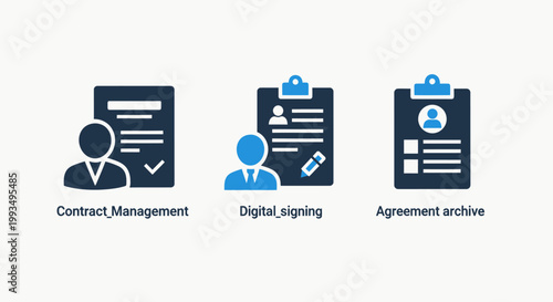 Contract management digital signing and agreement archive process icons with contract management agreement document signature business electronic workflow administration information software