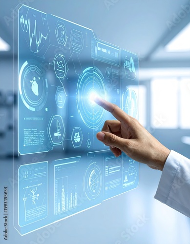 Futuristic Touchscreen Interface with Data Visualization.