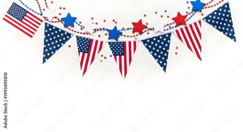 Obraz premium Patriotic bunting and star decorations isolated on white background