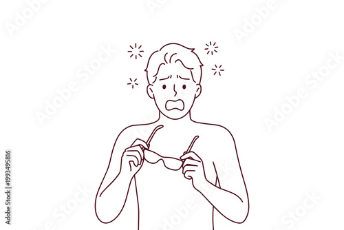 Man suffering from severe sunburn with visible tan lines from sunglasses and clothes. Concept of skin damage, UV protection failure, and beach safety line art.
